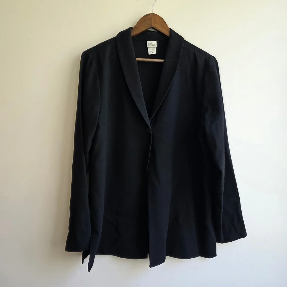 Eileen Fisher Black 100% Wool Collar Single Button Blazer Jacket Womens M Office